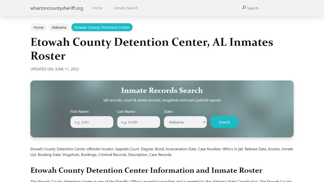 Etowah County Detention Center, AL Jail Roster, Name Search